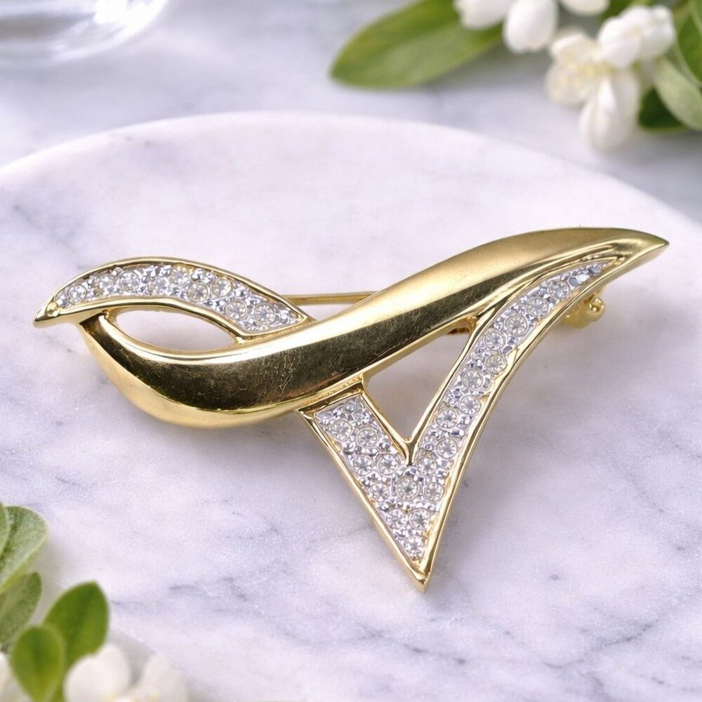 Gold Tone Abstract Swirl Brooch Pin With Clear Rhinestones Vintage Jewelry 2 Inc